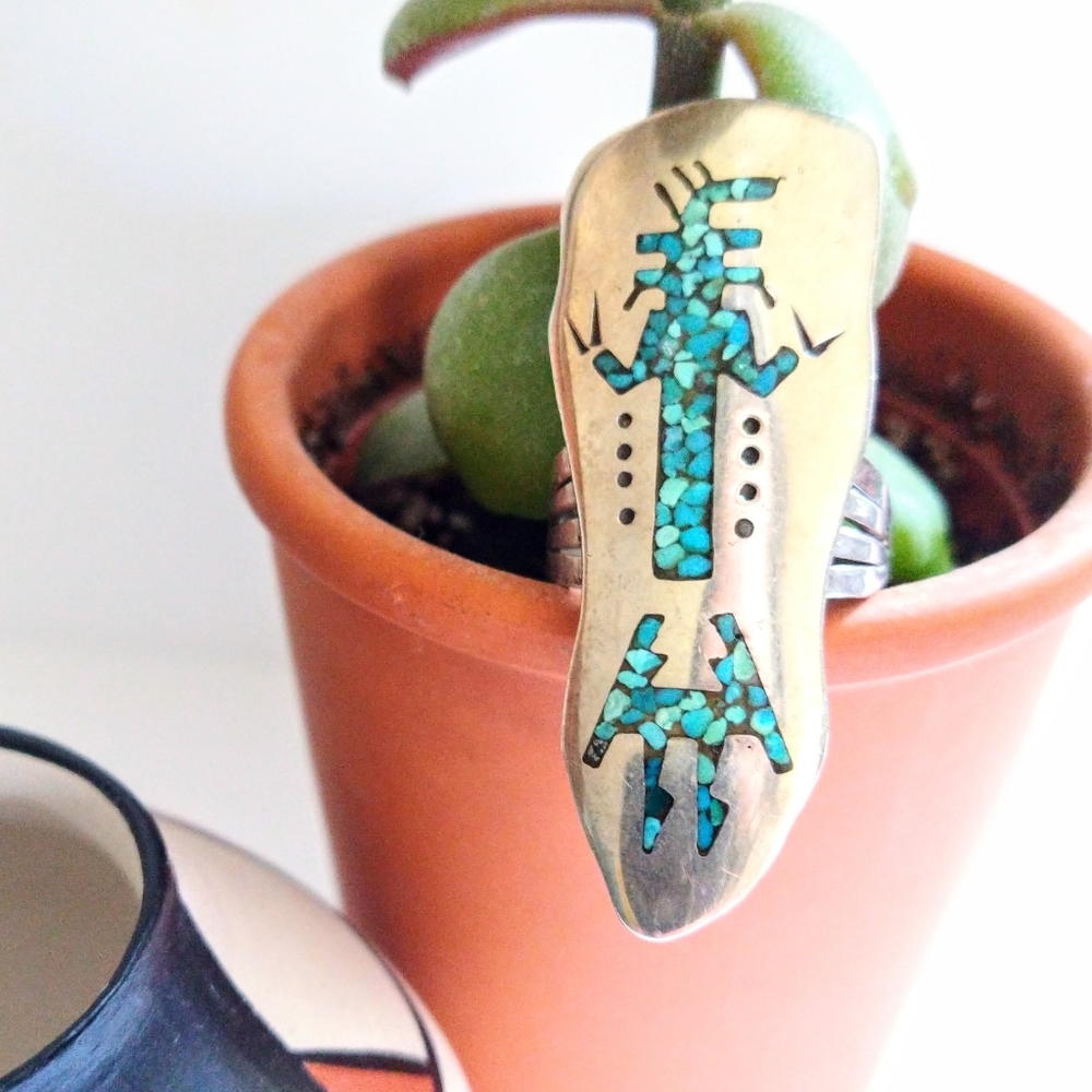 Vintage Turquoise Sterling Silver Native American Long Statement Ring sz 8.5